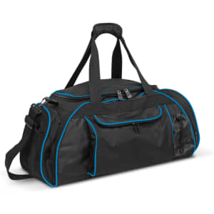 A black duffle bag with blue accents, featuring multiple compartments and handles for easy carrying.