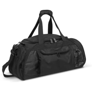 A black Horizon Duffle Bag featuring multiple compartments, robust handles, and a detachable shoulder strap.