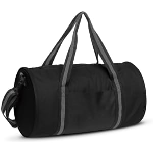A black duffle bag with grey straps and a side pocket, featuring a logo.