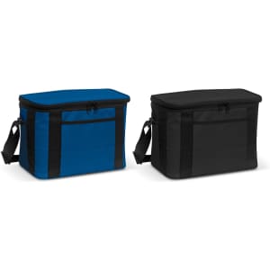 Two Tundra Cooler Bags in blue and black, featuring zip closures and carry handles. Each bag has a front pocket and a logo.