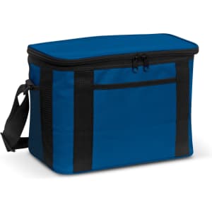A blue cooler bag with a zip closure, black accents, and a shoulder strap. It includes a front pocket.