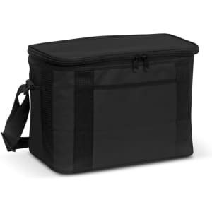 A black cooler bag with a zippered top and an adjustable shoulder strap. It features a front pocket and has branding.