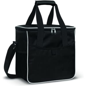 A black cooler bag with a zip, sturdy handles, and a front pocket, featuring a logo.