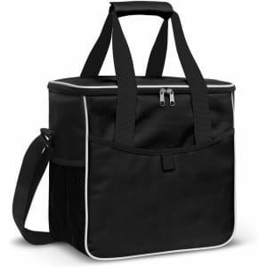 A black insulated cooler bag featuring two handles, a shoulder strap, and a zippered top. It has a mesh side pocket.