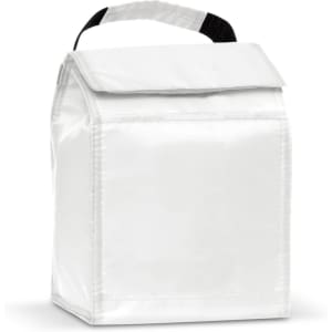 A white cooler bag with a handle, featuring a simple, structured design and a flap closure. It has a logo on the front.