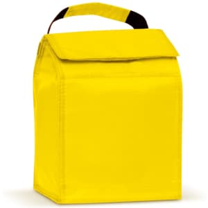 A bright yellow lunch cooler bag with a top flap and a sturdy handle.