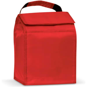 A red lunch cooler bag with a top flap and a handle for easy carrying, featuring a simple design.