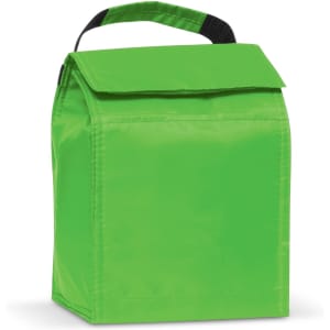 A bright green lunch cooler bag with a fold-over top and a handle.
