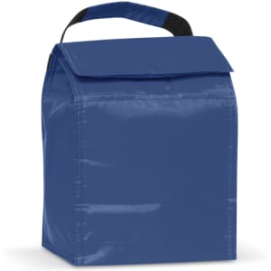 A blue lunch cooler bag with a handle and a square shape, featuring a top flap closure and a logo.