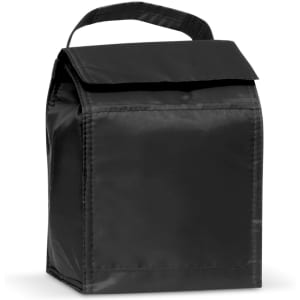A black lunch cooler bag with a fold-over top and a handle, featuring a simple design and no visible branding.
