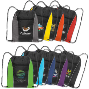 A collection of Ranger drawstring backpacks in various colours, featuring multiple logos on each bag.