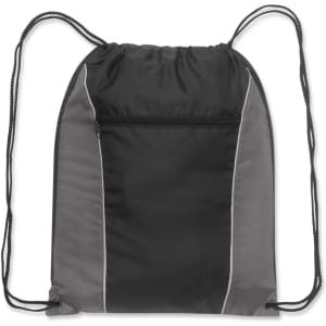 A drawstring backpack in black and gray with a front zippered pocket and adjustable straps.