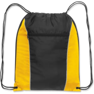 A black and yellow drawstring backpack with a front zip pocket and adjustable straps. It has a logo.