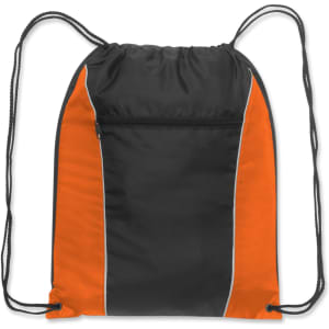 A drawstring backpack featuring a black body with orange accents and a zippered front pocket.