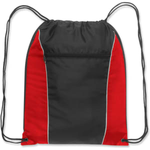 A drawstring backpack in black and red with a front zippered pocket.