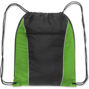 A drawstring backpack in black and vibrant green, featuring a front zippered pocket.