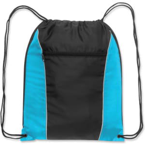 A black and blue drawstring backpack with a zippered pocket and a logo.