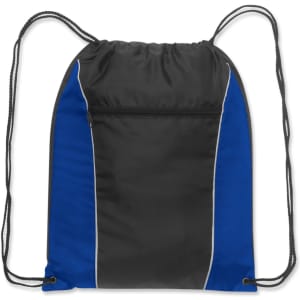 A drawstring backpack in black and blue with a front zip pocket and white outlining accents.
