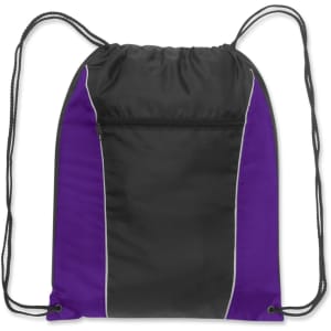 A drawstring backpack featuring a black body with purple accents and a front zipper pocket.
