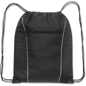 A black drawstring backpack with a zippered pocket on the front and contrasting white piping along the edges.