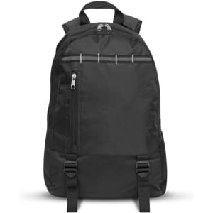 A Campus Backpack in black features a sleek design with a zippered front pocket and adjustable straps.