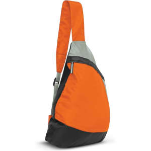 An orange and grey varsity slinger bag with a single strap and a black base, featuring a logo.