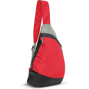 A red and gray sling bag with a single strap and a black base, featuring a zippered pocket on the front.