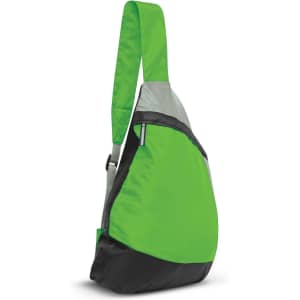 A green and gray slinger bag featuring a single adjustable shoulder strap and a large front pocket.