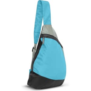 A sling bag featuring a turquoise and grey design with a black base and an adjustable strap. It has a logo.