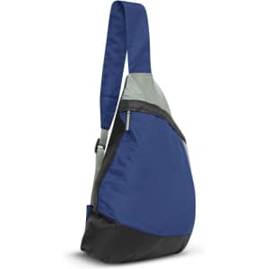 A sling bag featuring a blue and gray design with a single shoulder strap and a black bottom section.