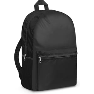 A black Bullet Backpack featuring a smooth exterior, a front zippered pocket, and a mesh side pocket.