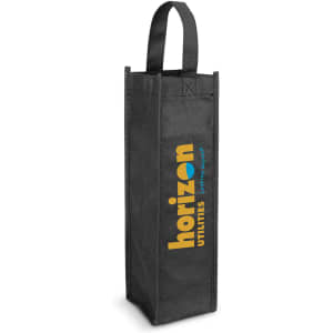 A black wine tote bag with a handle and a logo, designed to carry a single drink bottle.