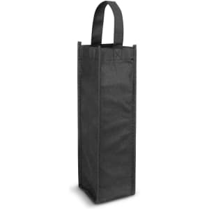 A wine tote bag in sleek black, designed to hold a single bottle with a sturdy handle.