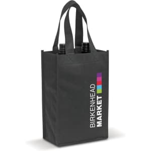 A double wine tote bag in black featuring two drink bottles and a branding logo.