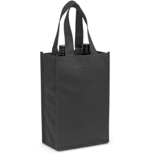 A wine tote bag designed to hold two bottles, featuring sturdy handles and a sleek black exterior.