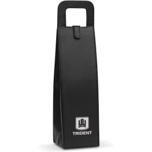 A drink bottle carrier in sleek black, featuring a handle and a logo. Ideal for transporting wine or beverages.