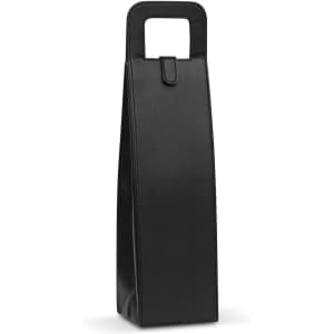 A black wine carrier bag with a handle and a sleek, minimalist design. It features a logo on one side.