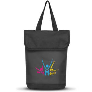 A cooler bag in black with a colourful logo, featuring a flap and two sturdy handles.