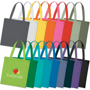 A variety of Sonnet Cotton Tote Bags in multiple colours, featuring an assortment of shades and a logo on some bags.