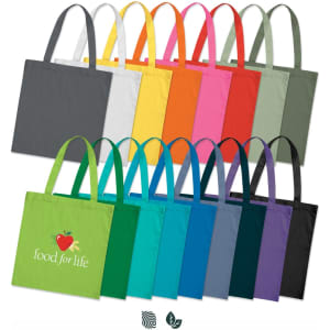 A collection of Sonnet Cotton Tote Bags in various colours, featuring a logo on some bags.