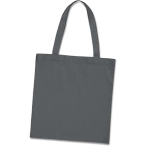 A grey cotton tote bag with two shoulder straps and a simple design. It features a branding logo.