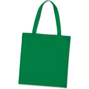 A green cotton tote bag with two handles and a plain design. It features a logo.