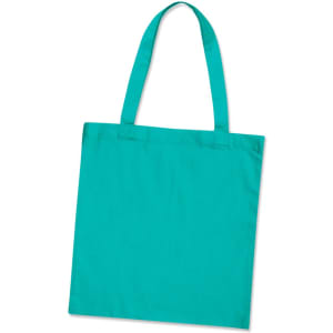 A turquoise cotton tote bag with two handles and a simple design. It features a logo on one side.
