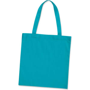 A turquoise cotton tote bag with long handles and no visible branding.