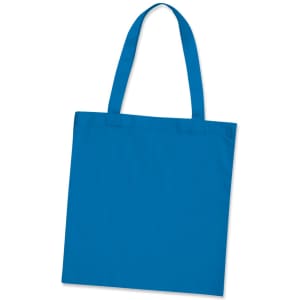 A blue cotton tote bag with two shoulder straps and a simple design, featuring a logo.