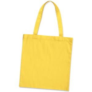 A yellow cotton tote bag with two handles and a simple design, featuring a logo.
