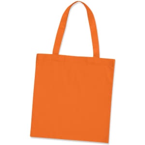 An orange cotton tote bag with two handles and a simple design. It features a logo.