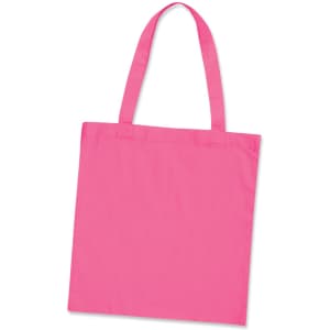 A pink cotton tote bag with two shoulder straps and a plain design, featuring a logo.