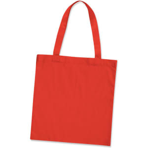 A red cotton tote bag with two shoulder straps and no visible logos or branding.