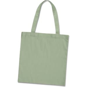 A green cotton tote bag with two handles and a simple design, featuring a logo on one side.